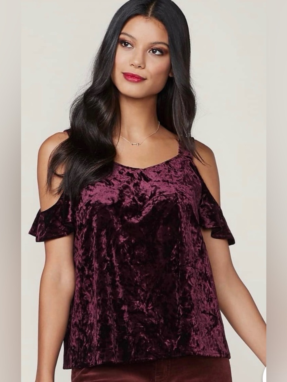 LC Lauren Conrad Velvet Cold-Shoulder Camisole in Wine